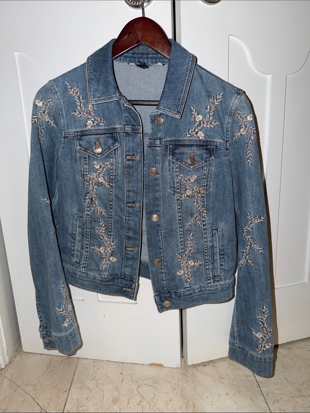 White House Black Market Embroidered Blue Denim Jacket